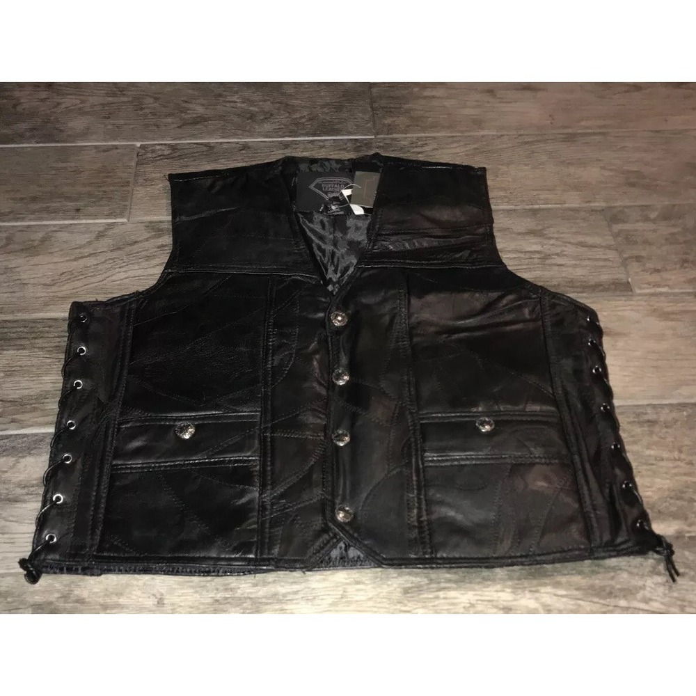 Womens Diamond Plate Leather Vest Concealed Carry Pocket Sz Large Motorcycle